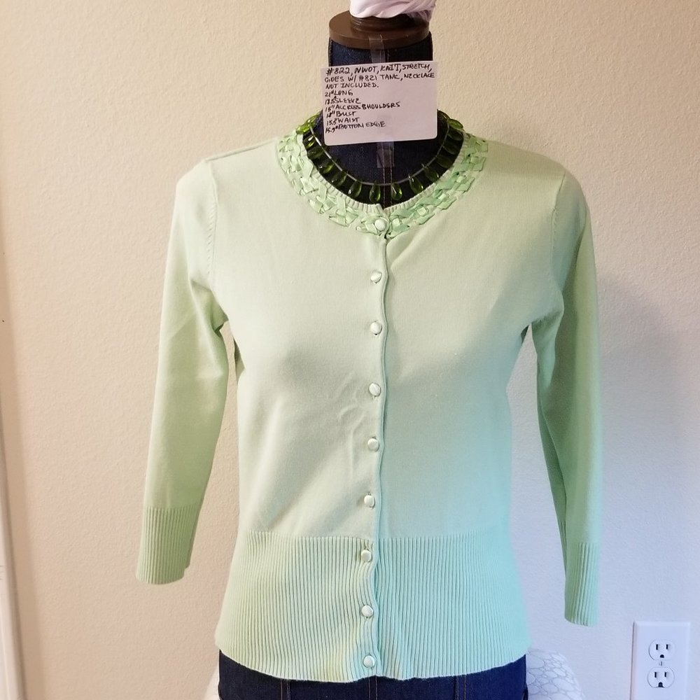 ✅NWOT Axcess Liz Claibore Company S  Green Knit Cardigan Ribbons Trim #822, B17